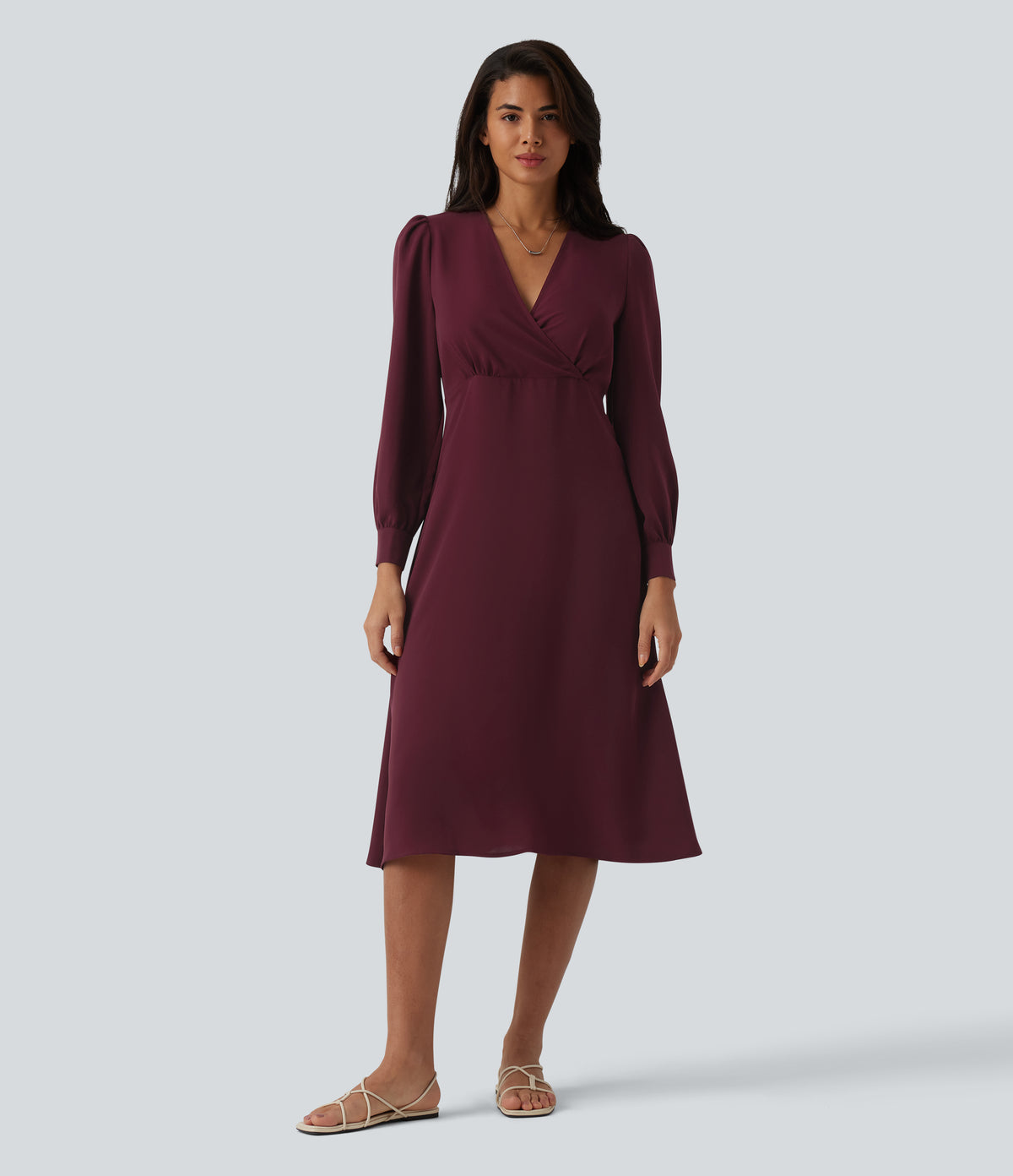 V-neck Puff Long Sleeve Midi Casual Dress — Zinfandel - Wine Red — view 3