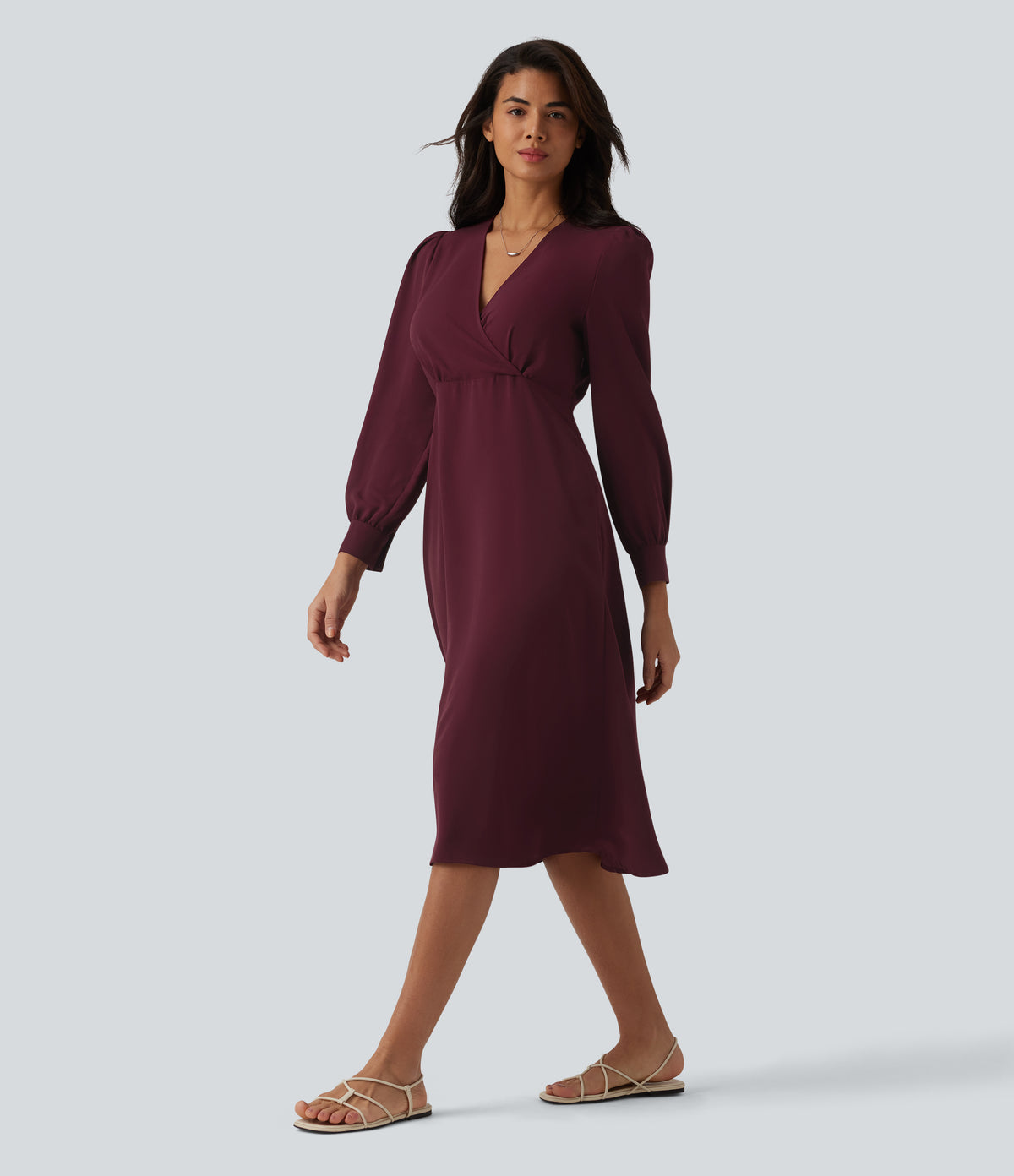 V-neck Puff Long Sleeve Midi Casual Dress — Zinfandel - Wine Red — view 1