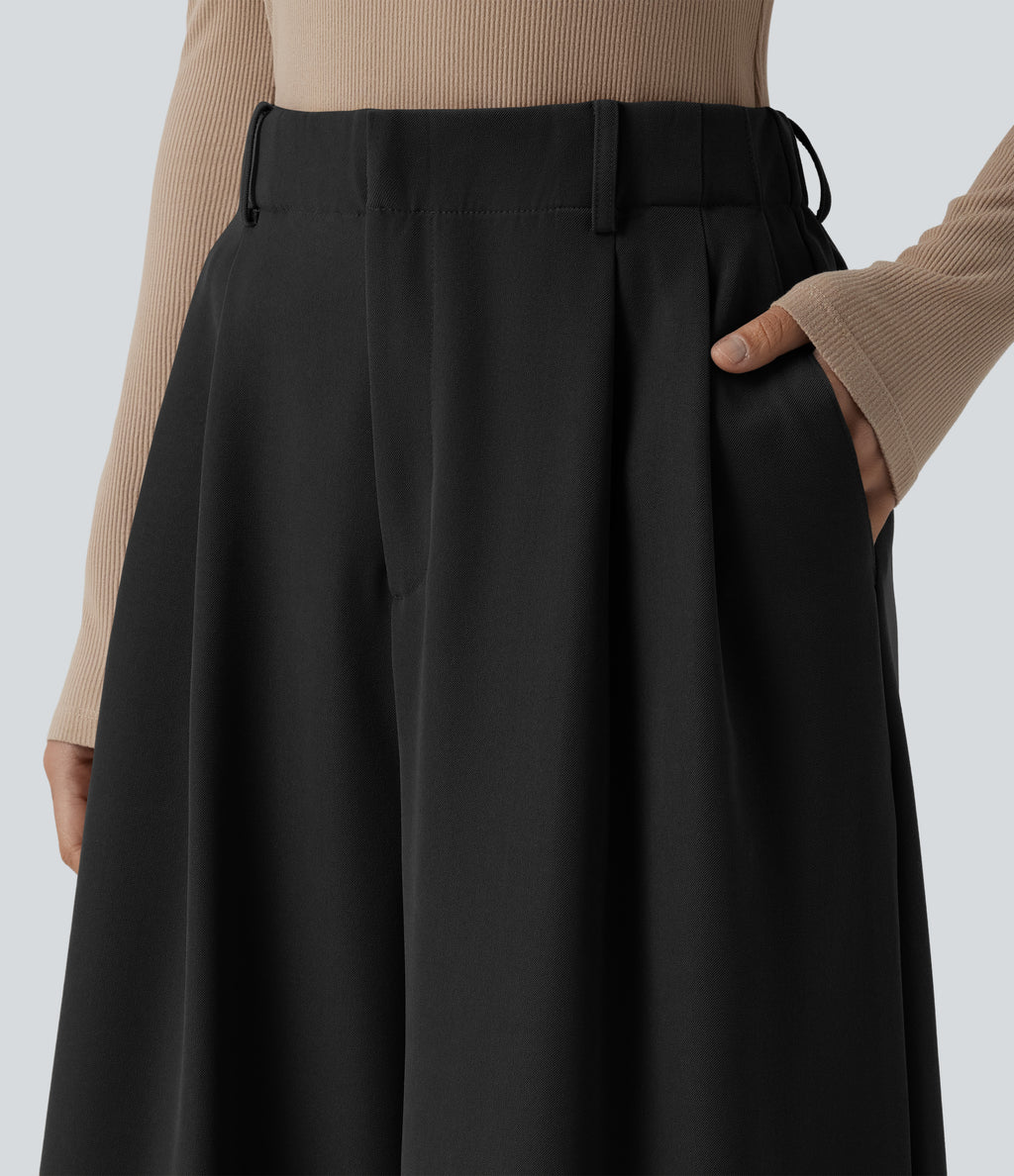 High Waisted Pleated Work Wide Leg Trousers with Pockets — Black — view 4