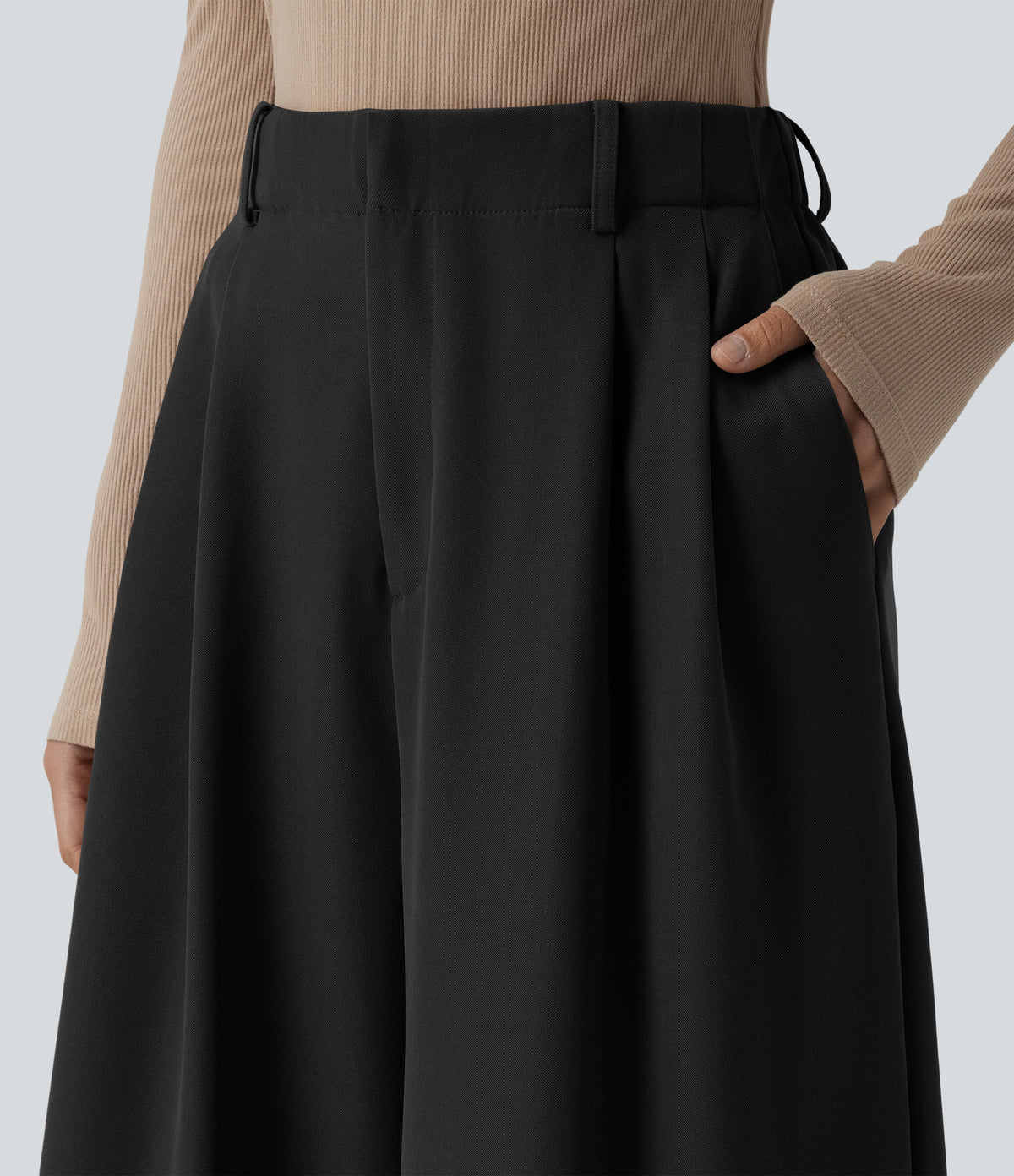 High Waisted Pleated Work Wide Leg Trousers with Pockets — Black — view 4