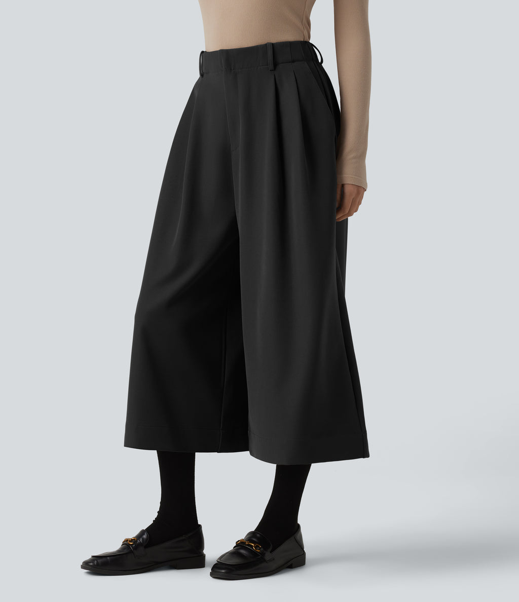 High Waisted Pleated Work Wide Leg Trousers with Pockets — Black — view 3