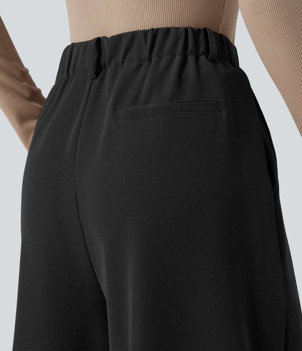 High Waisted Pleated Work Wide Leg Trousers with Pockets — Black — view 5