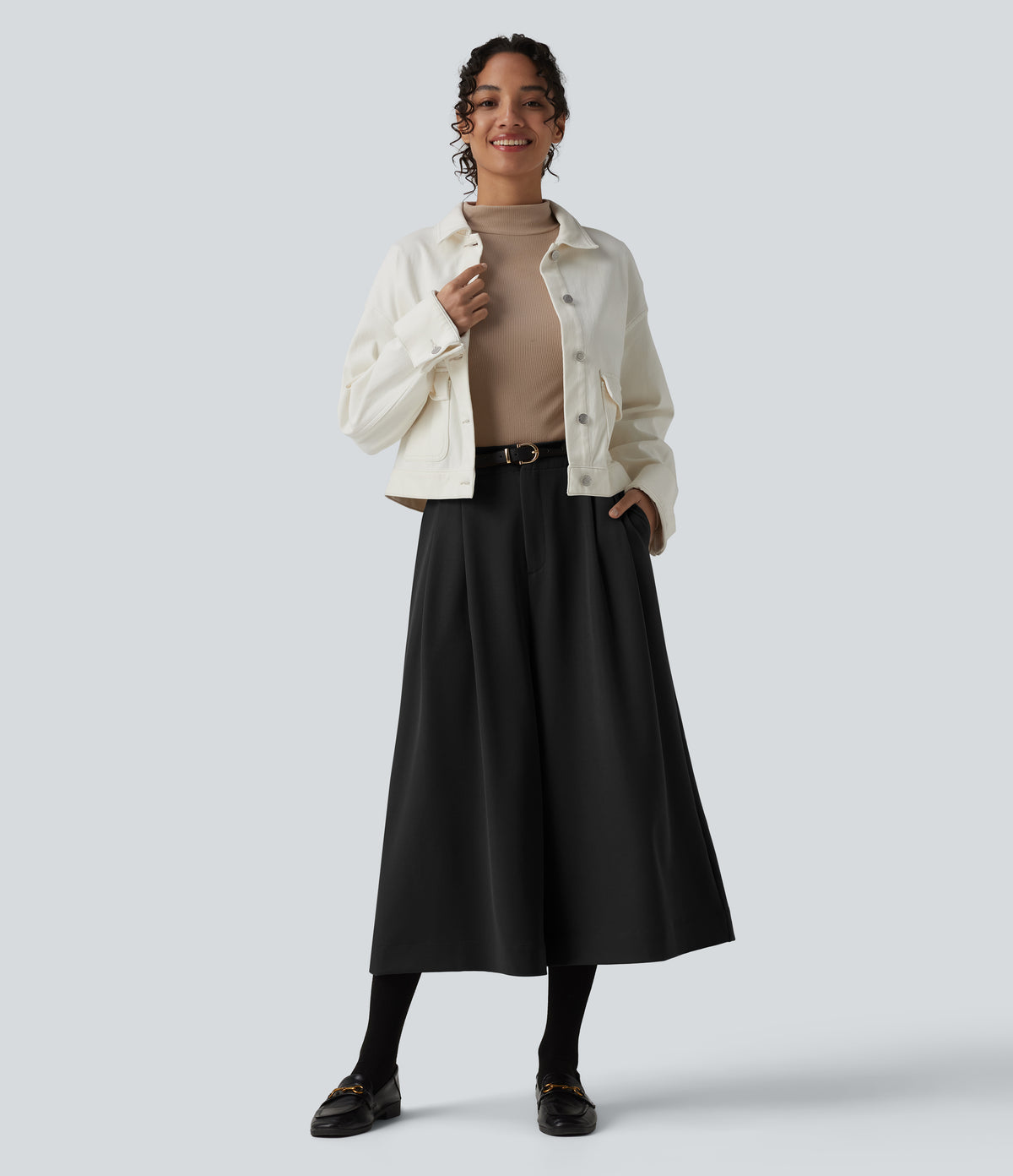 High Waisted Pleated Work Wide Leg Trousers with Pockets — Black — view 7