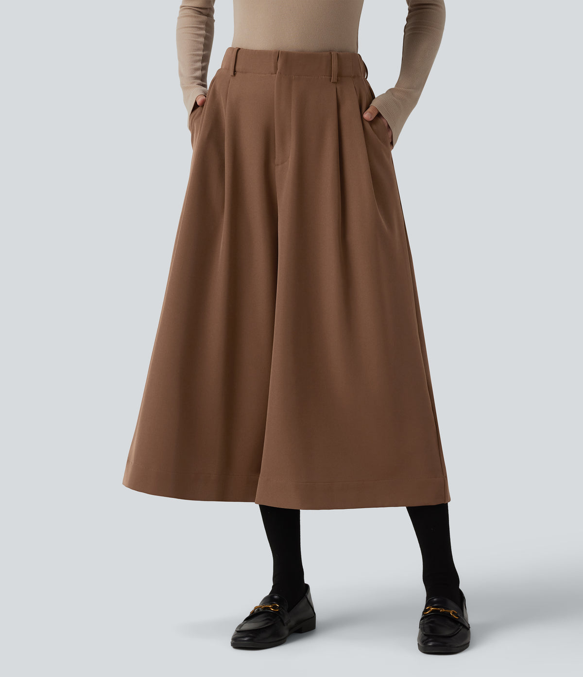 High Waisted Pleated Work Wide Leg Trousers with Pockets — Partridge — view 8