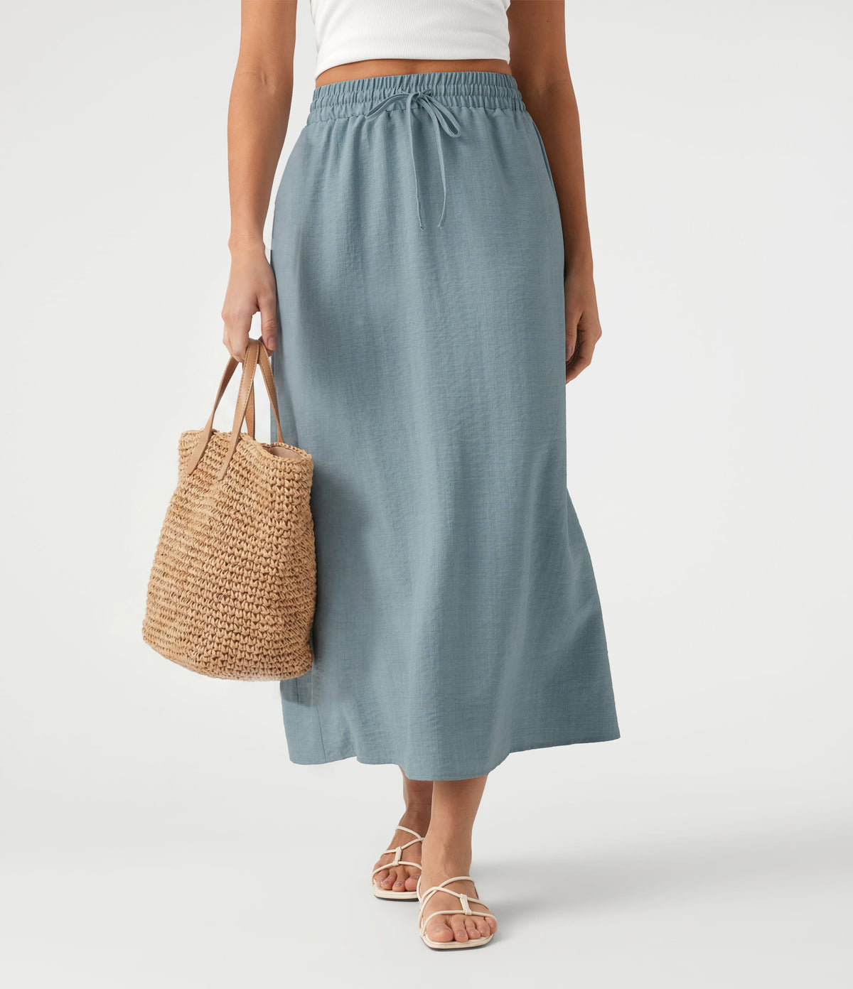 High Waisted Drawstring Maxi Linen-Feel Casual Skirt — Dusty Cyan Blue — view 1