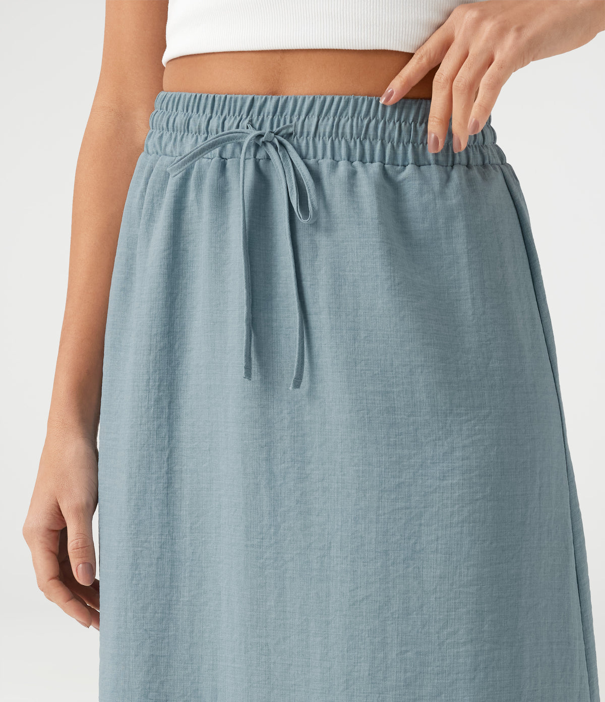 High Waisted Drawstring Maxi Linen-Feel Casual Skirt — Dusty Cyan Blue — view 5