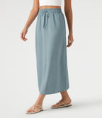 High Waisted Drawstring Maxi Linen-Feel Casual Skirt — Dusty Cyan Blue — view 4