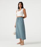 High Waisted Drawstring Maxi Linen-Feel Casual Skirt — Dusty Cyan Blue — view 6