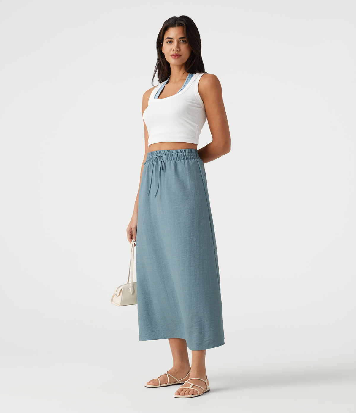 High Waisted Drawstring Maxi Linen-Feel Casual Skirt — Dusty Cyan Blue — view 6