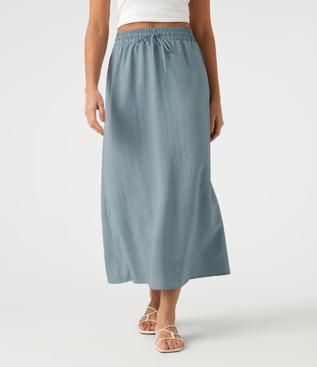 High Waisted Drawstring Maxi Linen-Feel Casual Skirt — Dusty Cyan Blue — view 3