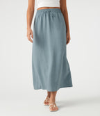 High Waisted Drawstring Maxi Linen-Feel Casual Skirt — Dusty Cyan Blue — view 3
