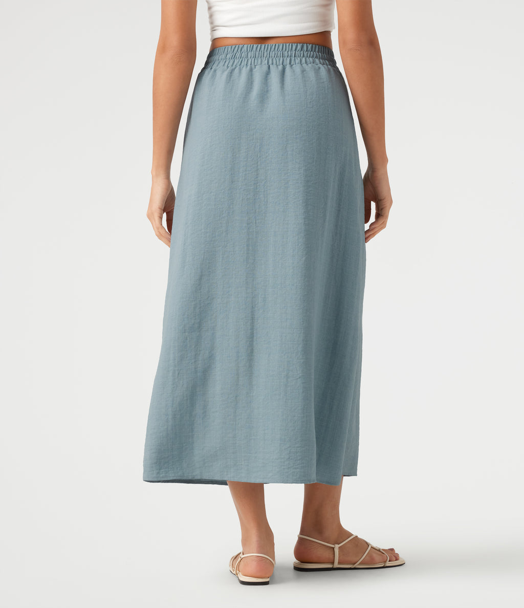 High Waisted Drawstring Maxi Linen-Feel Casual Skirt — Dusty Cyan Blue — view 2
