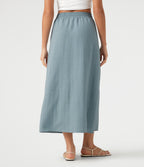 High Waisted Drawstring Maxi Linen-Feel Casual Skirt — Dusty Cyan Blue — view 2