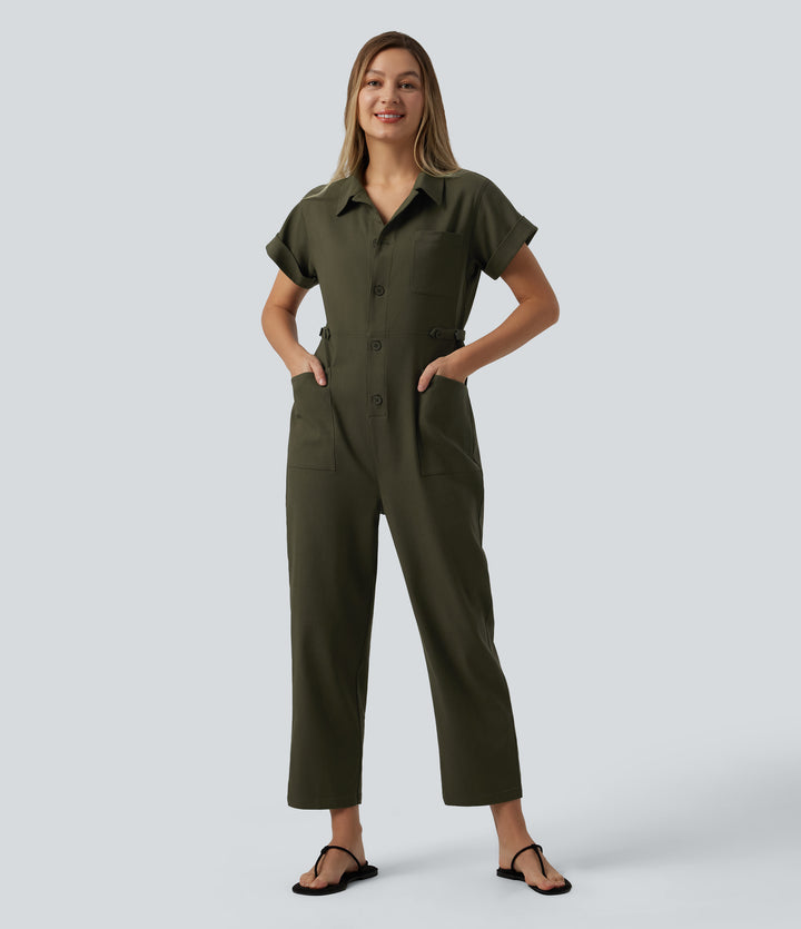 Short Sleeve Casual Jumpsuit with Pockets — Hemp Rope Brown — view 1