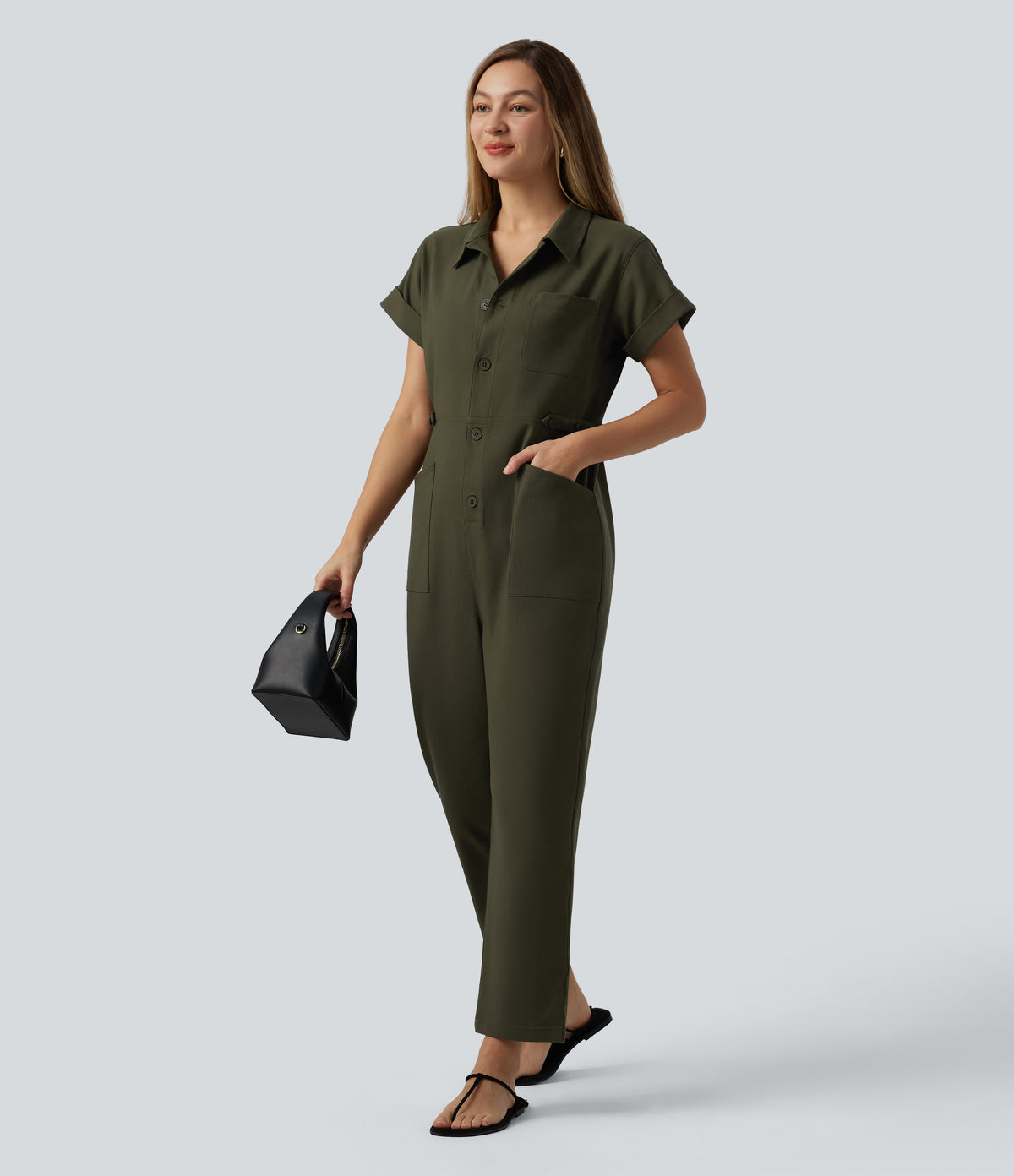 Short Sleeve Casual Jumpsuit with Pockets — Hemp Rope Brown — view 6