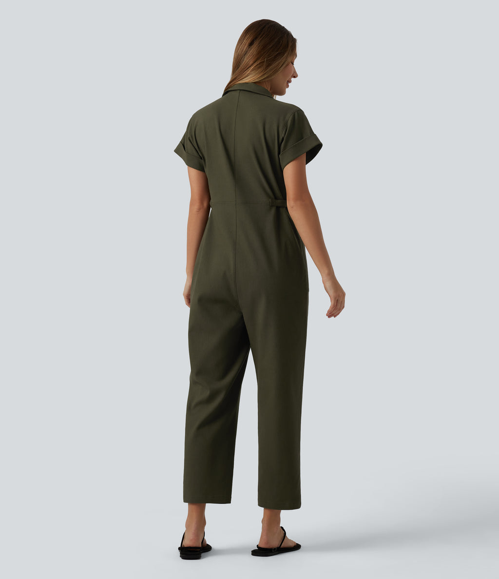 Short Sleeve Casual Jumpsuit with Pockets — Hemp Rope Brown — view 2