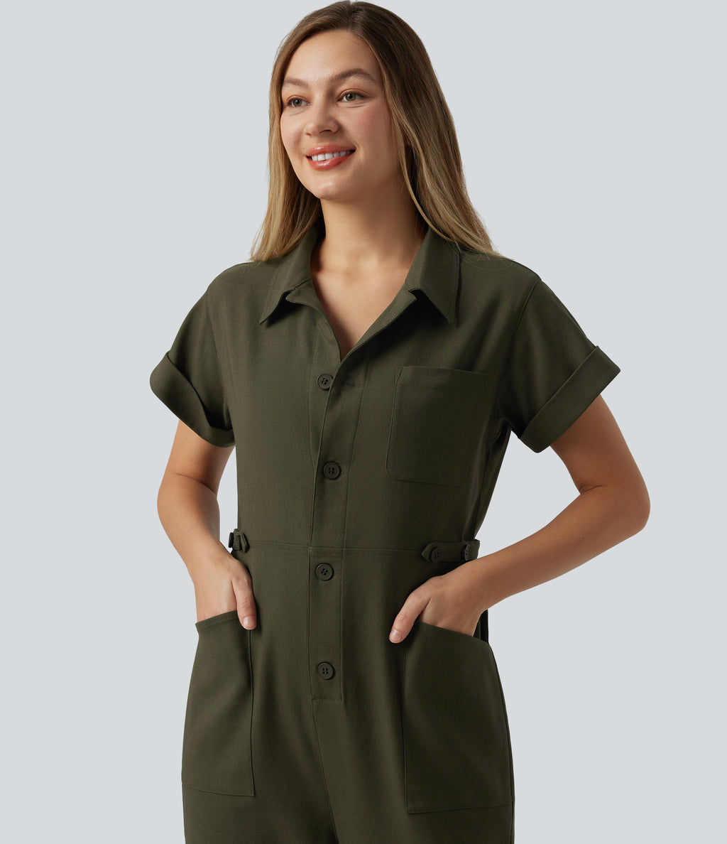 Short Sleeve Casual Jumpsuit with Pockets — Hemp Rope Brown — view 4