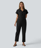 Short Sleeve Casual Jumpsuit with Pockets — Black — view 8