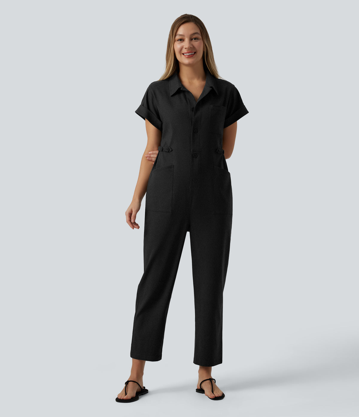 Short Sleeve Casual Jumpsuit with Pockets — Black — view 8