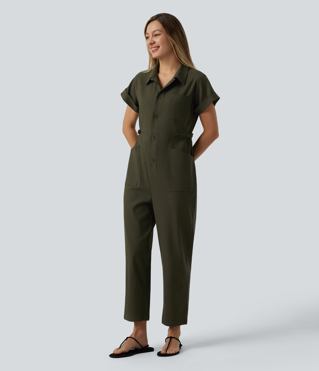 Short Sleeve Casual Jumpsuit with Pockets — Hemp Rope Brown — view 3