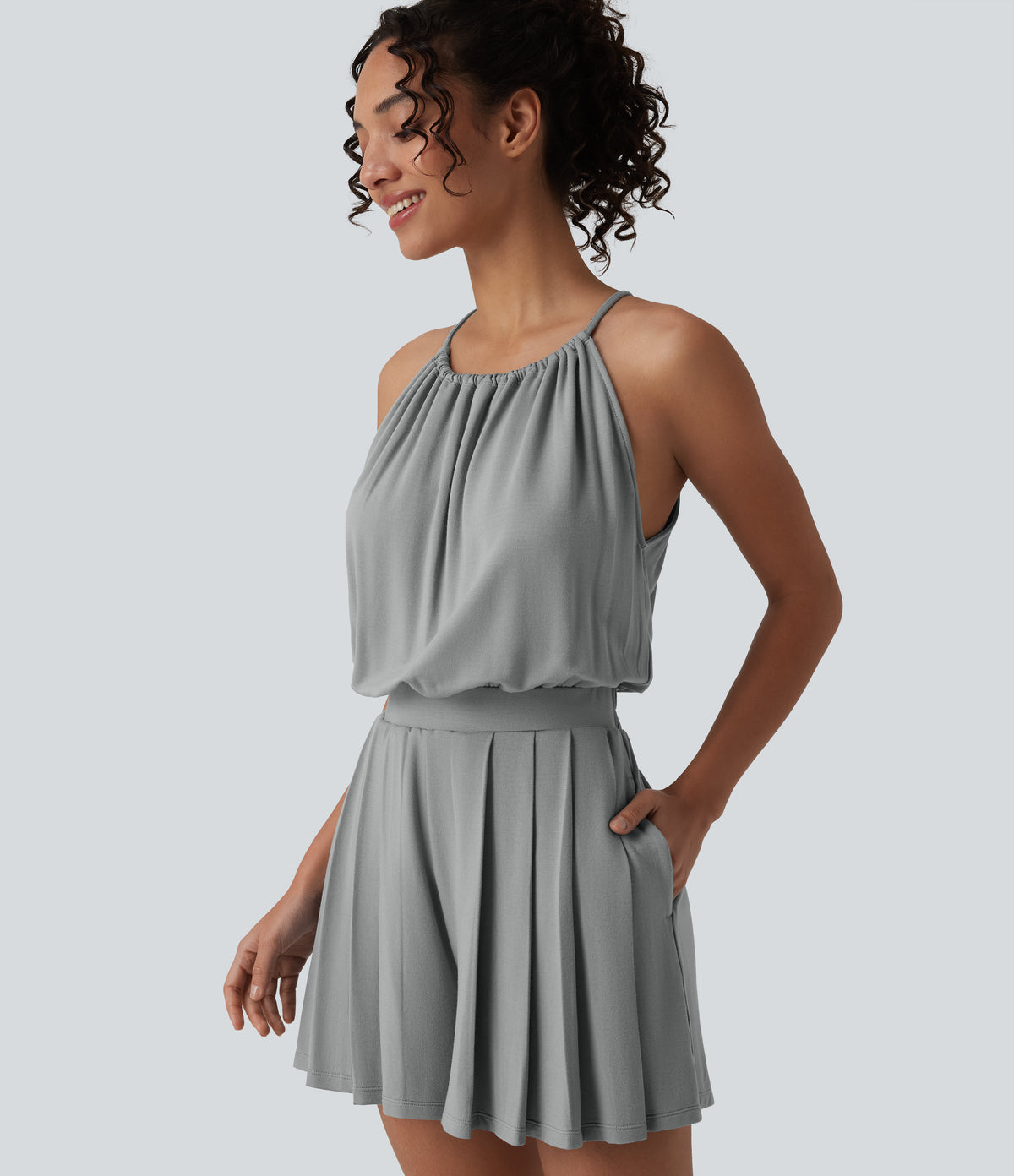 Halter Sleeveless Tie-back Pleated Casual Playsuit with Pockets — Mist Grey — view 6