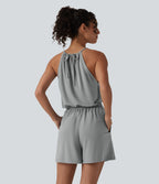 Halter Sleeveless Tie-back Pleated Casual Playsuit with Pockets — Mist Grey — view 2