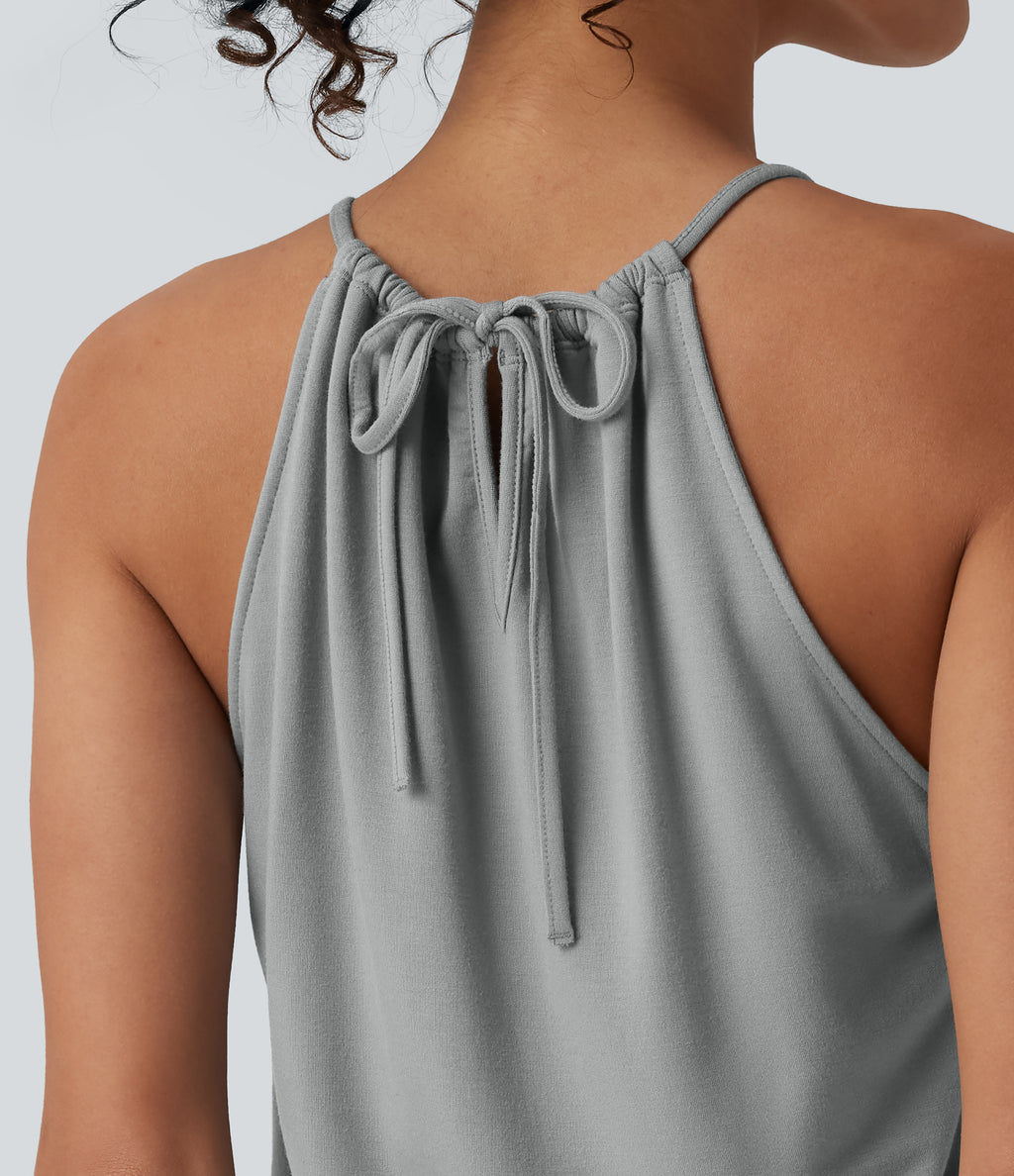 Halter Sleeveless Tie-back Pleated Casual Playsuit with Pockets — Mist Grey — view 5