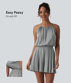 Halter Sleeveless Tie-back Pleated Casual Playsuit with Pockets — Mist Grey — view 1