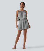 Halter Sleeveless Tie-back Pleated Casual Playsuit with Pockets — Mist Grey — view 7