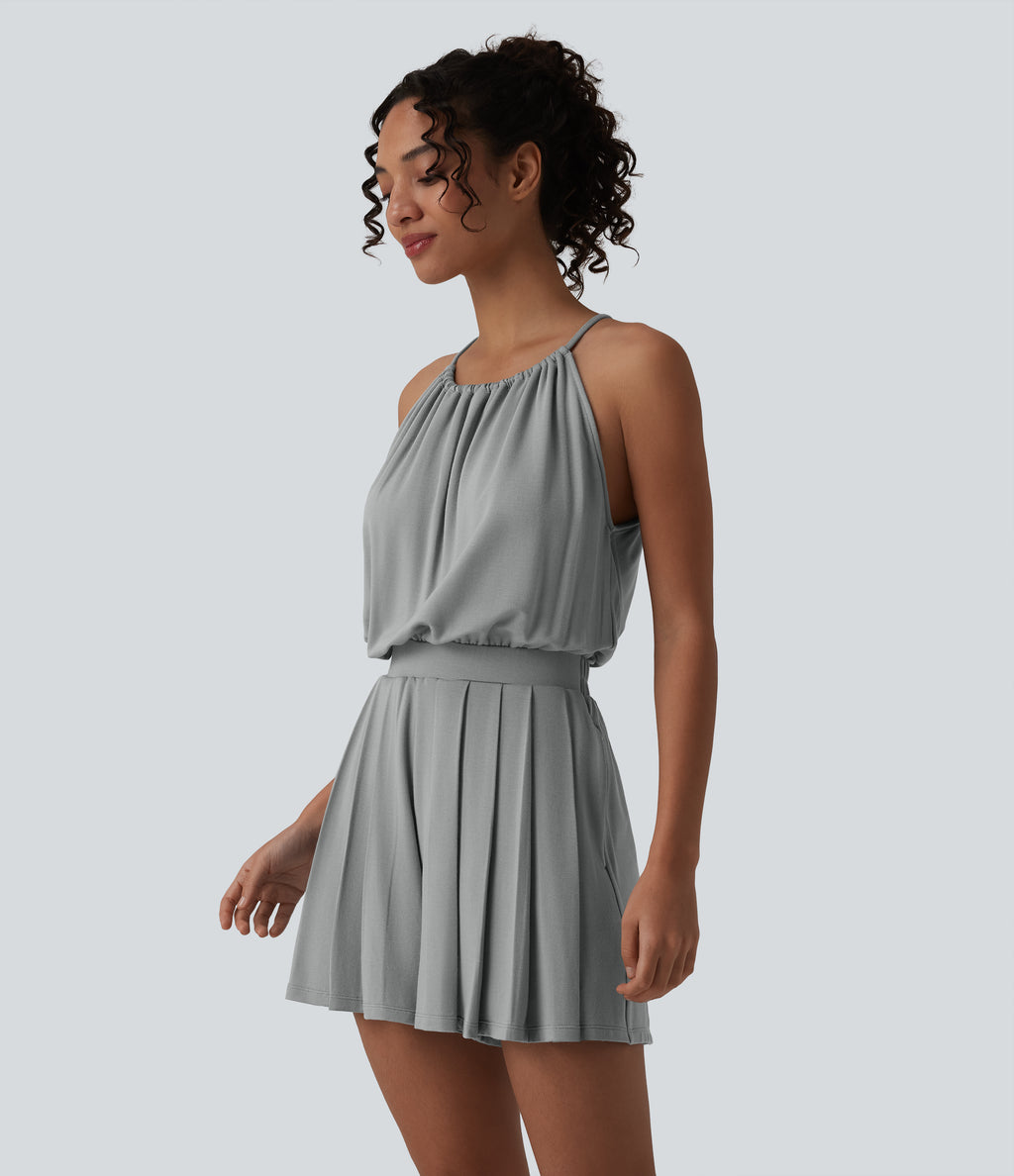 Halter Sleeveless Tie-back Pleated Casual Playsuit with Pockets — Mist Grey — view 3