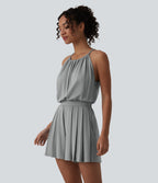 Halter Sleeveless Tie-back Pleated Casual Playsuit with Pockets — Mist Grey — view 3
