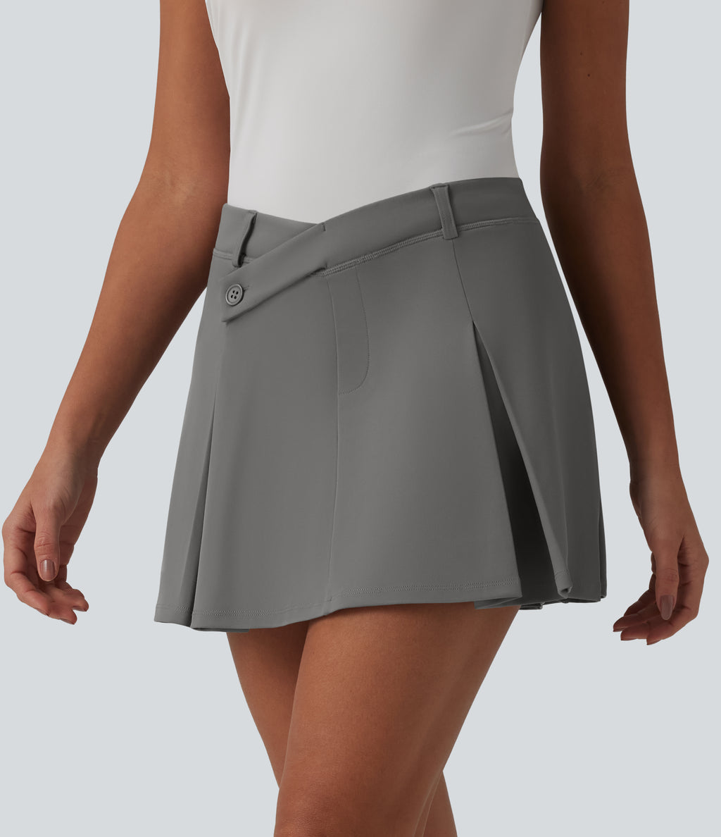 Asymmetric Mid Rise 2-in-1 Pleated Mini Golf Skirt with Pockets — Silent Storm — view 3