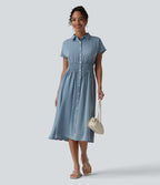 Wrinkle Recovery Short Sleeve Midi Casual Shirt Dress — Mountain Spring — view 6
