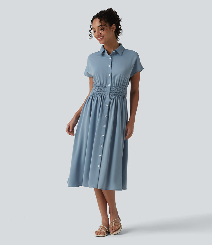 Wrinkle Recovery Short Sleeve Midi Casual Shirt Dress — Mountain Spring — view 1