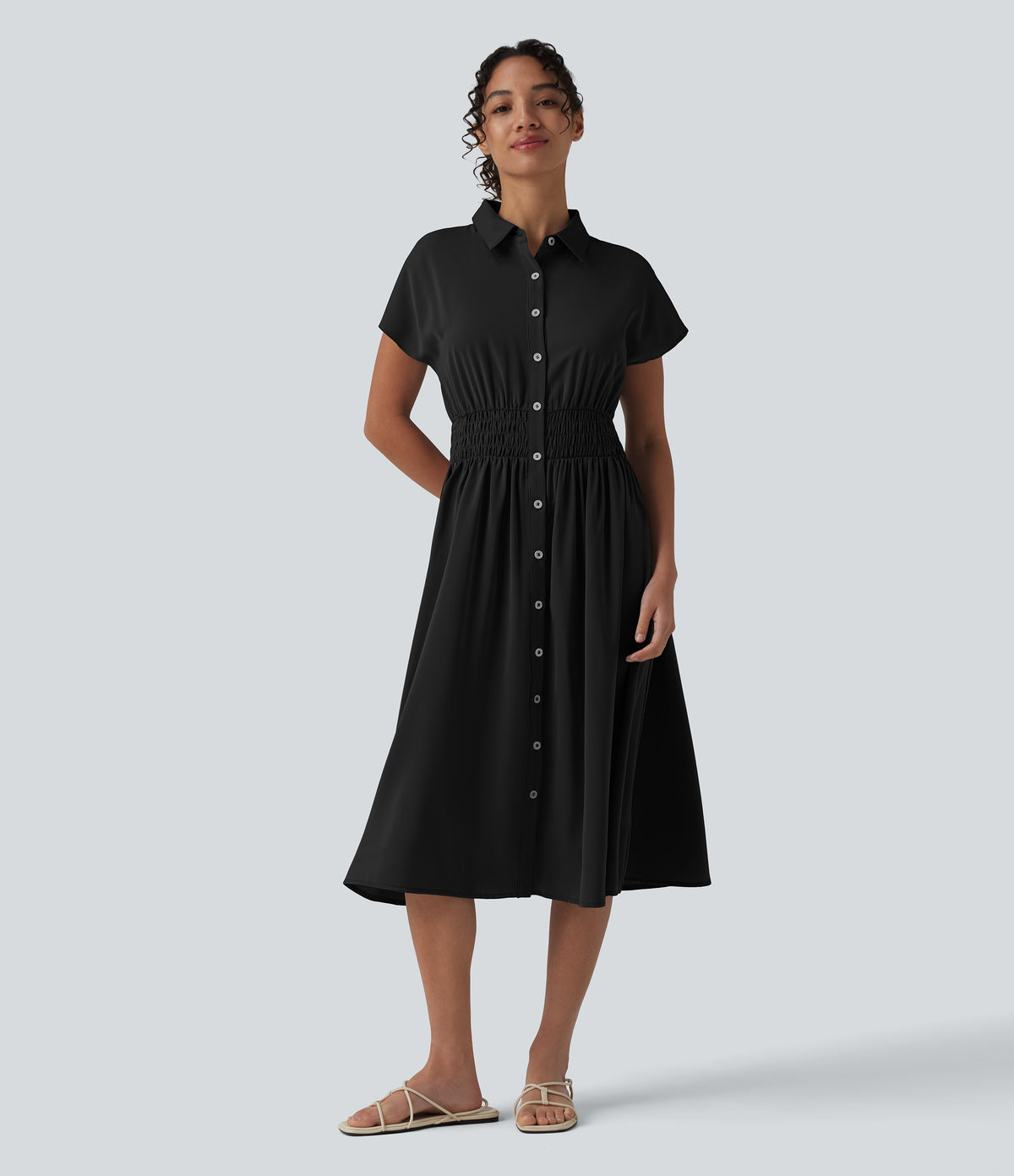 Wrinkle Recovery Short Sleeve Midi Casual Shirt Dress — Black — view 7