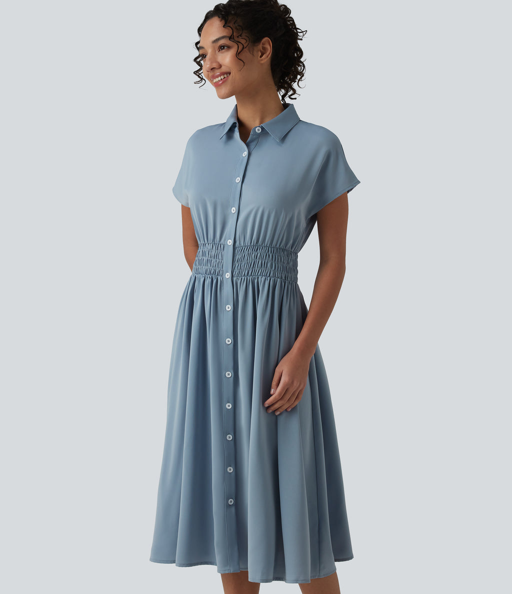 Wrinkle Recovery Short Sleeve Midi Casual Shirt Dress — Mountain Spring — view 4