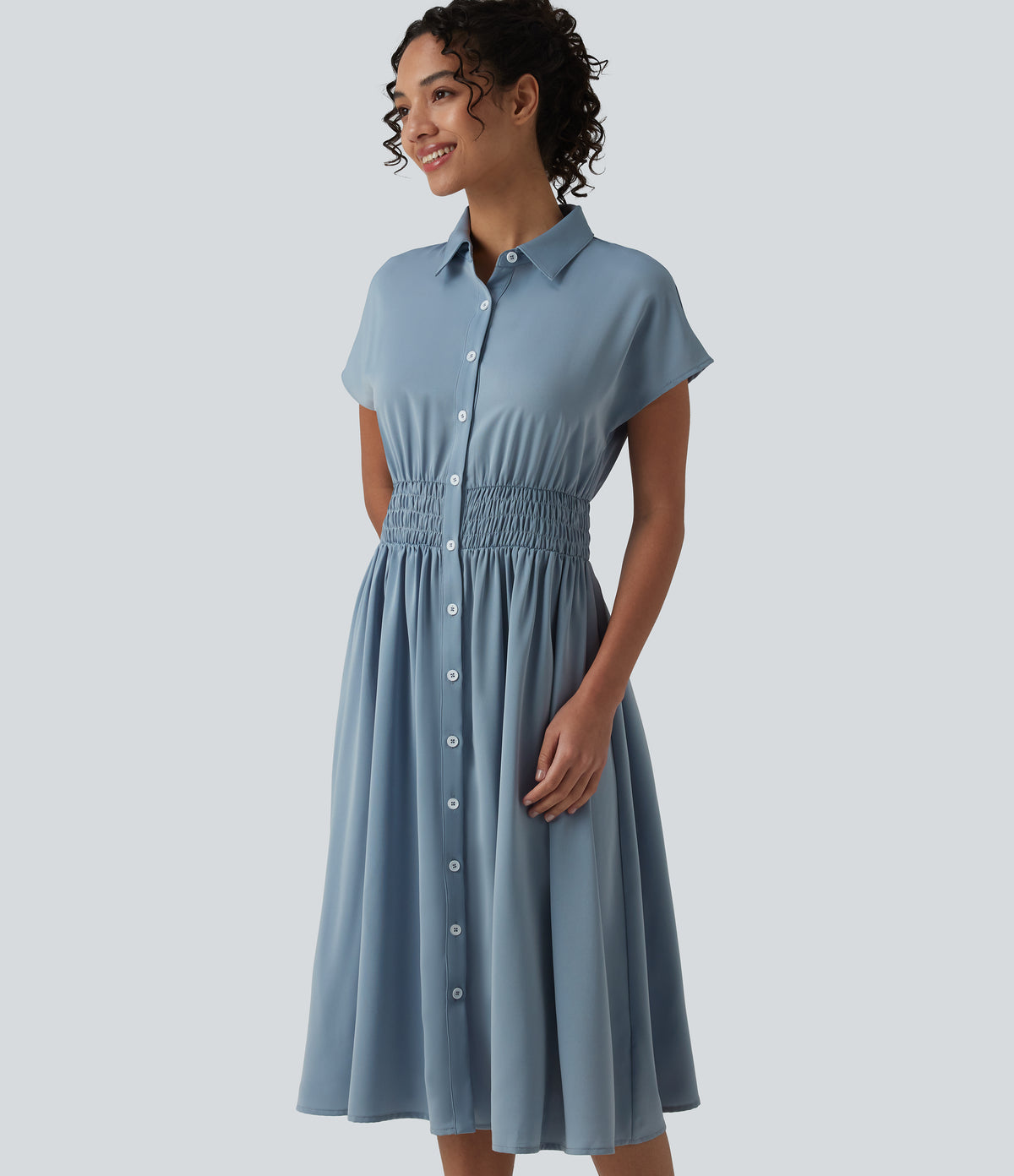Wrinkle Recovery Short Sleeve Midi Casual Shirt Dress — Mountain Spring — view 4