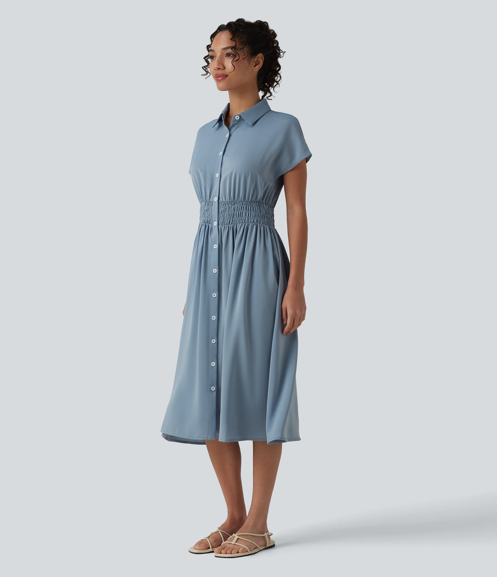 Wrinkle Recovery Short Sleeve Midi Casual Shirt Dress — Mountain Spring — view 3