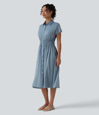 Wrinkle Recovery Short Sleeve Midi Casual Shirt Dress — Mountain Spring — view 3