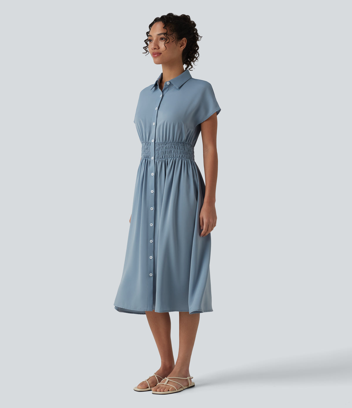 Wrinkle Recovery Short Sleeve Midi Casual Shirt Dress — Mountain Spring — view 3