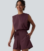 Round Neck Sleeveless Tie-front InstantCool Casual Playsuit with Pockets--UPF50+ — Fig — view 6