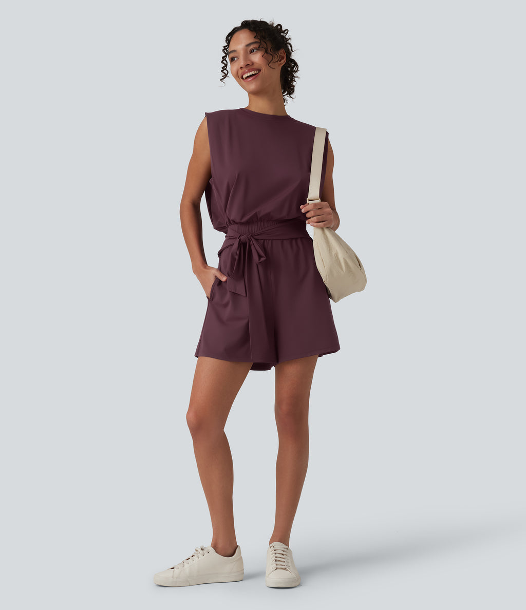 Round Neck Sleeveless Tie-front InstantCool Casual Playsuit with Pockets--UPF50+ — Fig — view 7