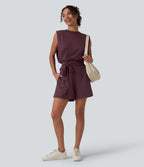 Round Neck Sleeveless Tie-front InstantCool Casual Playsuit with Pockets--UPF50+ — Fig — view 7