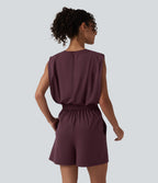 Round Neck Sleeveless Tie-front InstantCool Casual Playsuit with Pockets--UPF50+ — Fig — view 2