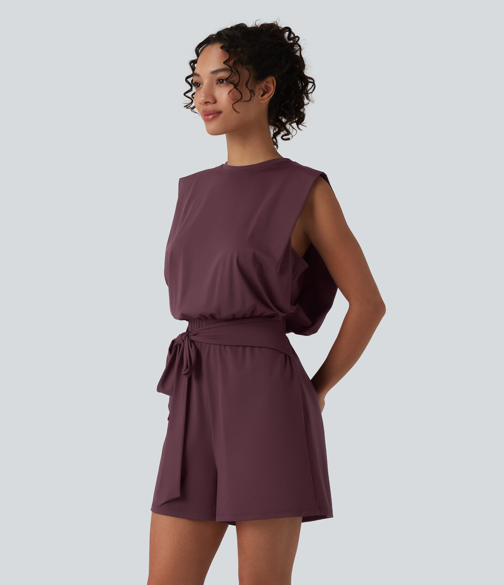Round Neck Sleeveless Tie-front InstantCool Casual Playsuit with Pockets--UPF50+ — Fig — view 3