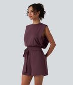 Round Neck Sleeveless Tie-front InstantCool Casual Playsuit with Pockets--UPF50+ — Fig — view 3