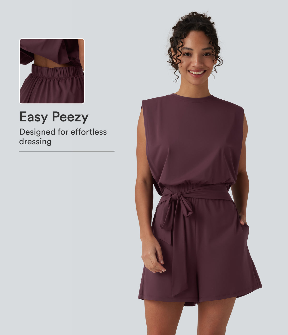 Round Neck Sleeveless Tie-front InstantCool Casual Playsuit with Pockets--UPF50+ — Fig — view 1
