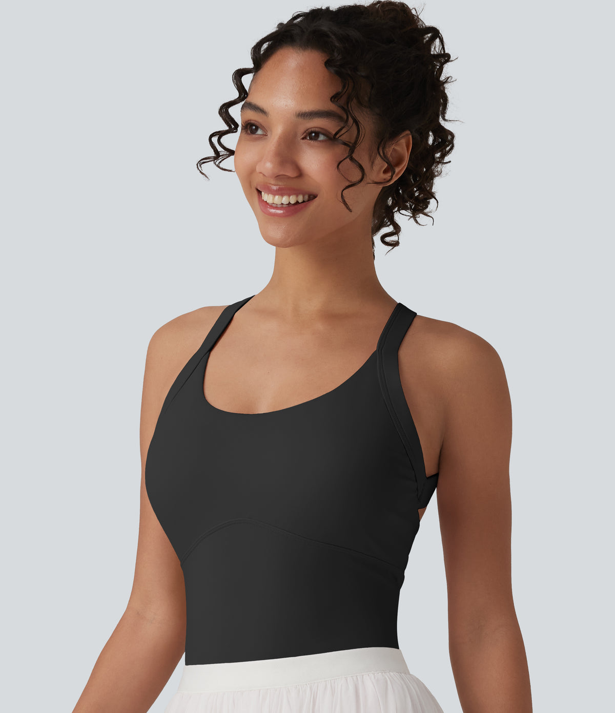 Airy Twisted Backless Adjustable Buckle U-Neck Sleeveless Built-in Bra InstantCool Casual Bodysuit — Black — view 7
