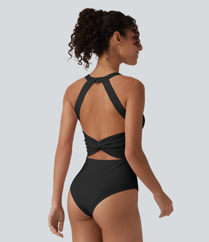 Airy Twisted Backless Adjustable Buckle U-Neck Sleeveless Built-in Bra InstantCool Casual Bodysuit — Black — view 1
