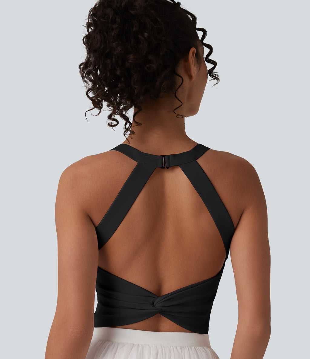 Airy Twisted Backless Adjustable Buckle U-Neck Sleeveless Built-in Bra InstantCool Casual Bodysuit — Black — view 6